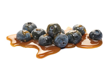 Fresh blueberries topped cream dessert sauce, chocolate flavored dessert isolated on white