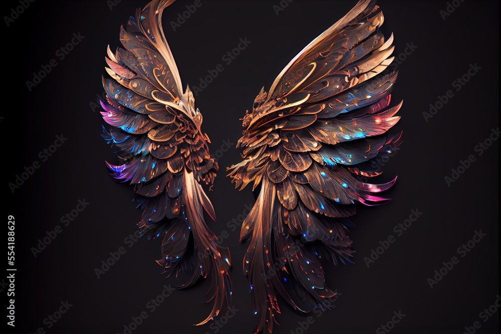 Poster a pair of gold wings with multicolored lights on them on a black background with a black background.