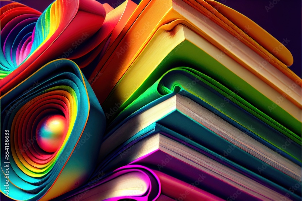 Poster 12-12-2022 riga, latvia a stack of books with a rainbow colored design on them and a black backgroun