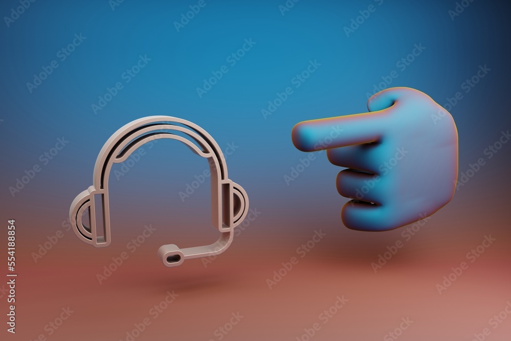 Poster Beautiful illustrations abstract Hand index finger points to Big Headphones with Microphone symbol icon on a multicolor bright background. 3d rendering illustration. Background pattern for design. 