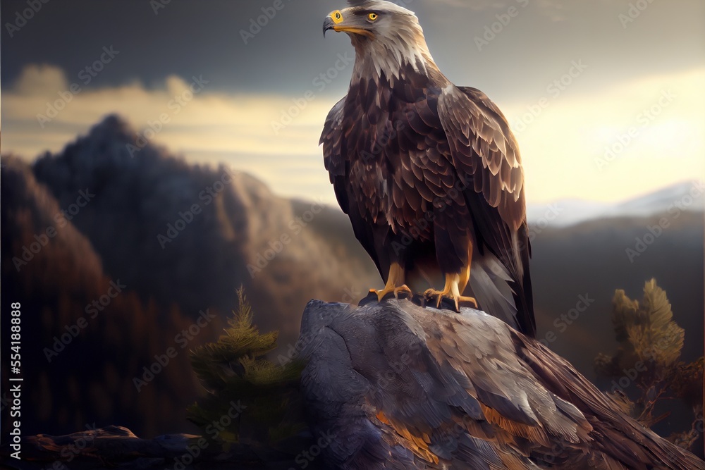 Poster a bald eagle sitting on a rock in the mountains with a cloudy sky behind it and a mountain range in 