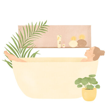 self love self care routine young Asian woman enjoying a relaxing bath on transparent background