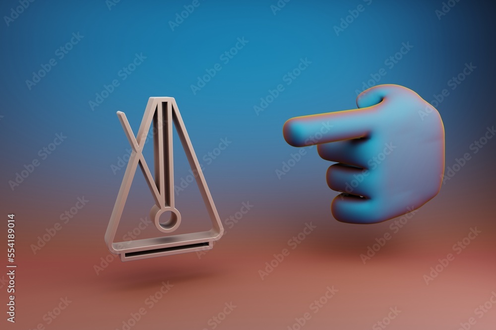 Leinwandbilder Beautiful illustrations abstract Hand index finger points to Big Metronome symbol icon on a multicolor bright background. 3d rendering illustration. Background pattern for design. Musical object.