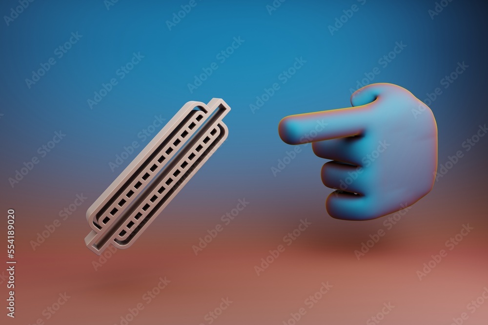 Poster Beautiful illustrations abstract Hand index finger points to One Harmonica symbol icon on a multicolor bright background. 3d rendering illustration. Background pattern for design. Musical object.