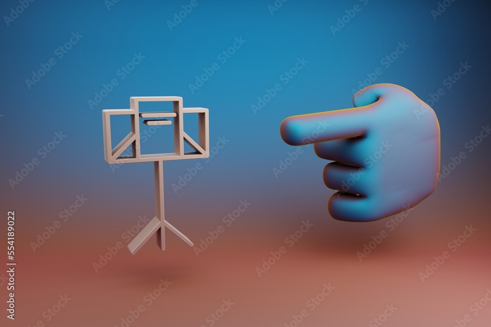 Poster Beautiful illustrations abstract Hand index finger points to Music Stand symbol icon on a multicolor bright background. 3d rendering illustration. Background pattern for design. Musical object.