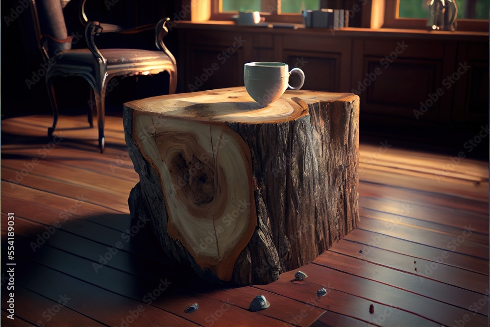 Poster a cup of coffee is on a tree stump table in a room with a chair and a window in the background. gene