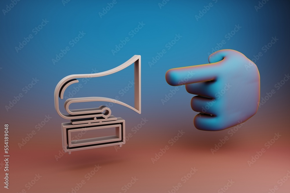 Aufkleber Beautiful illustrations abstract Hand index finger points to Old Gramophone symbol icon on a multicolor bright background. 3d rendering illustration. Background pattern for design. Musical object.