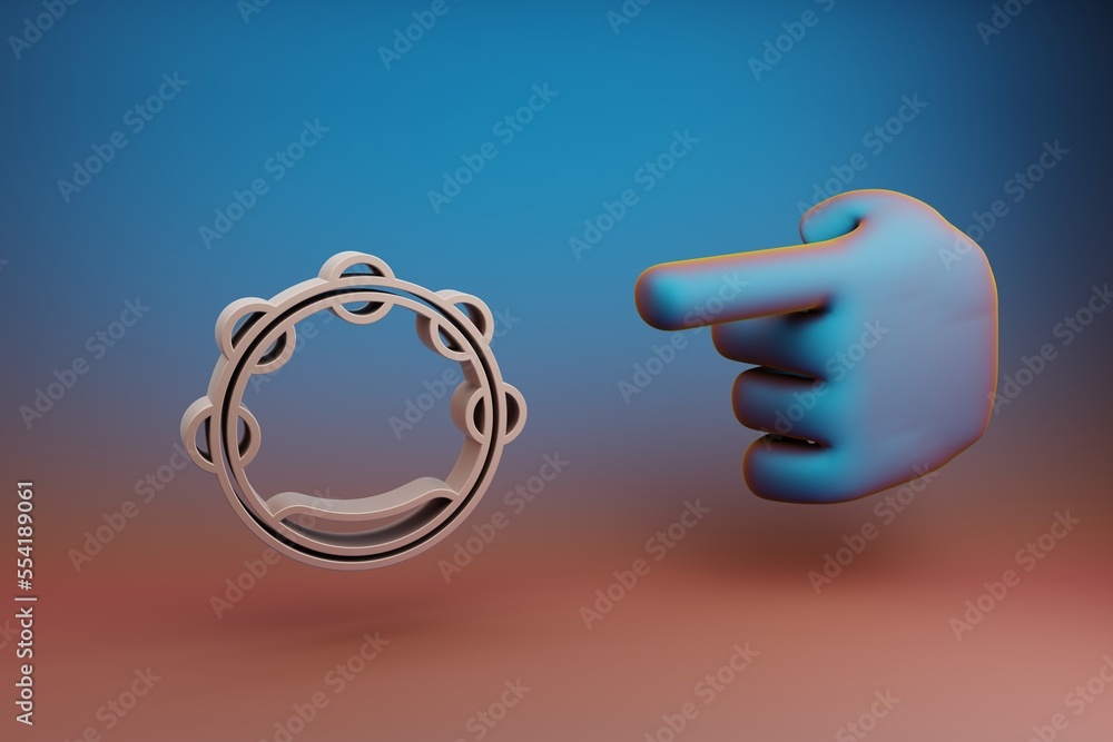 Poster beautiful illustrations abstract hand index finger points to big tambourine symbol icon on a multico