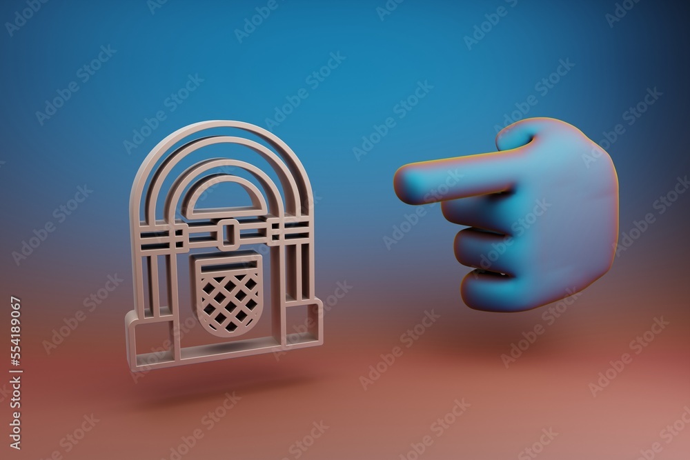 Poster beautiful illustrations abstract hand index finger points to vintage jukebox symbol icon on a multic