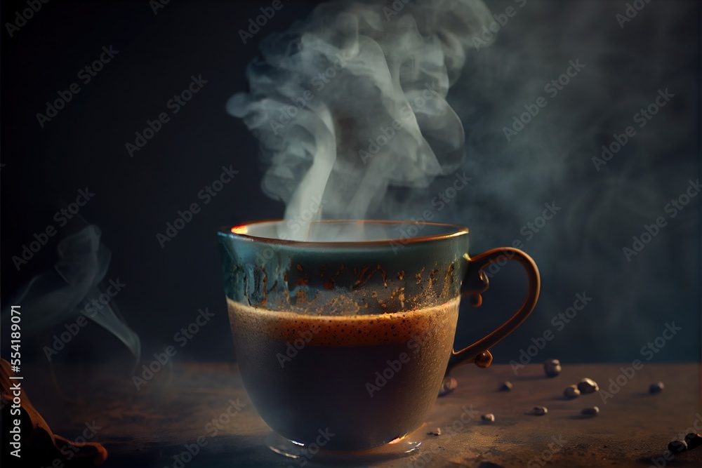 Poster 12-12-2022 Riga, Latvia  a steaming cup of coffee on a table with steam rising from it and beans scattered around it on a dark background. Generative AI
