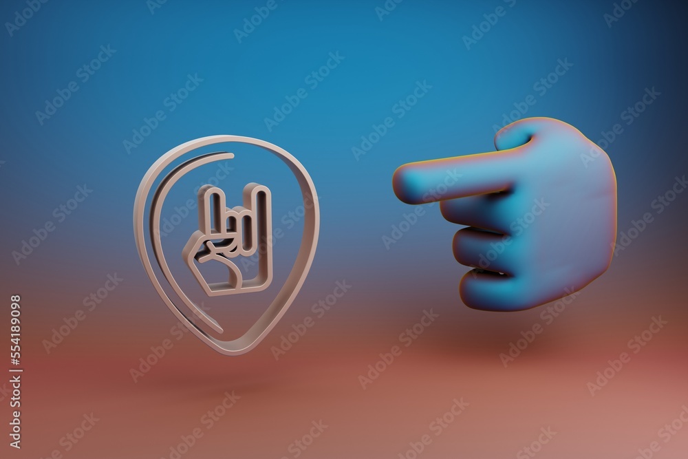 Poster Beautiful illustrations abstract Hand index finger points to Guitar Plectrum with Hand symbol icon on a multicolor bright background. 3d rendering illustration. Background pattern for design. 