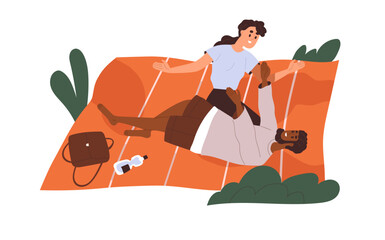 Love couple relaxing on picnic blanket on summer holiday. Happy mixed biracial man and woman, time together in nature, outdoor on vacation. Flat vector illustration isolated on white background