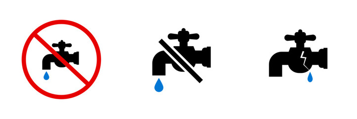 Faucet icon set of water faucet malfunction and prohibition of use and water leakage. Vector.