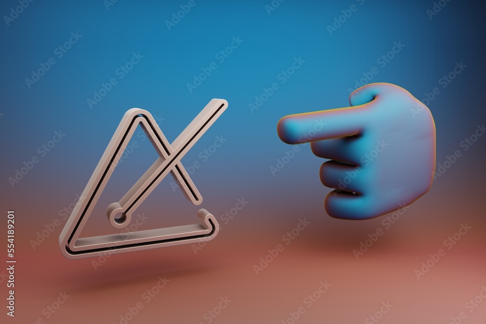 Poster Beautiful illustrations abstract Hand index finger points to Music Triangle symbol icon on a multicolor bright background. 3d rendering illustration. Background pattern for design. Musical object.