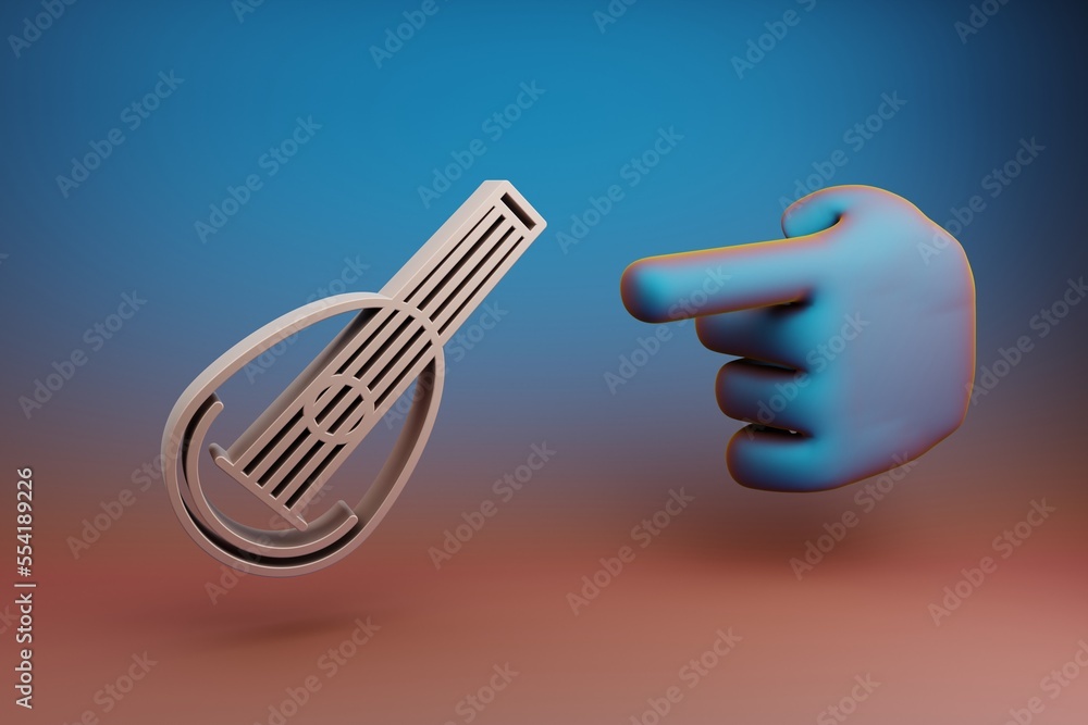 Fototapete Beautiful illustrations abstract Hand index finger points to Inclined Mandolin symbol icon on a multicolor bright background. 3d rendering illustration. Background pattern for design. Musical object.