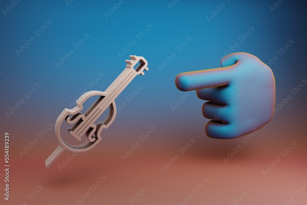 Fototapete Beautiful illustrations abstract Hand index finger points to Inclined Cello symbol icon on a multicolor bright background. 3d rendering illustration. Background pattern for design. Musical object.