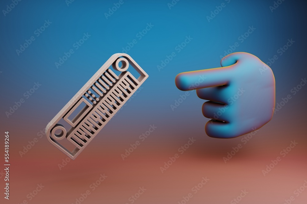 Poster Beautiful illustrations abstract Hand index finger points to Long Synthesizer symbol icon on a multicolor bright background. 3d rendering illustration. Background pattern for design. Musical object.