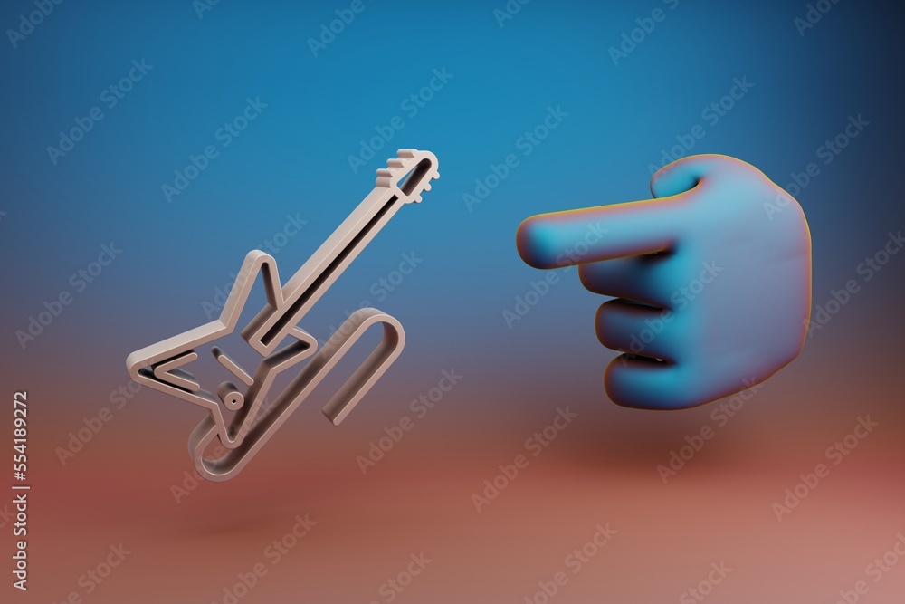 Poster Beautiful illustrations abstract Hand index finger points to Electric Guitar with Cable symbol icon on a multicolor bright background. 3d rendering illustration. Background pattern for design