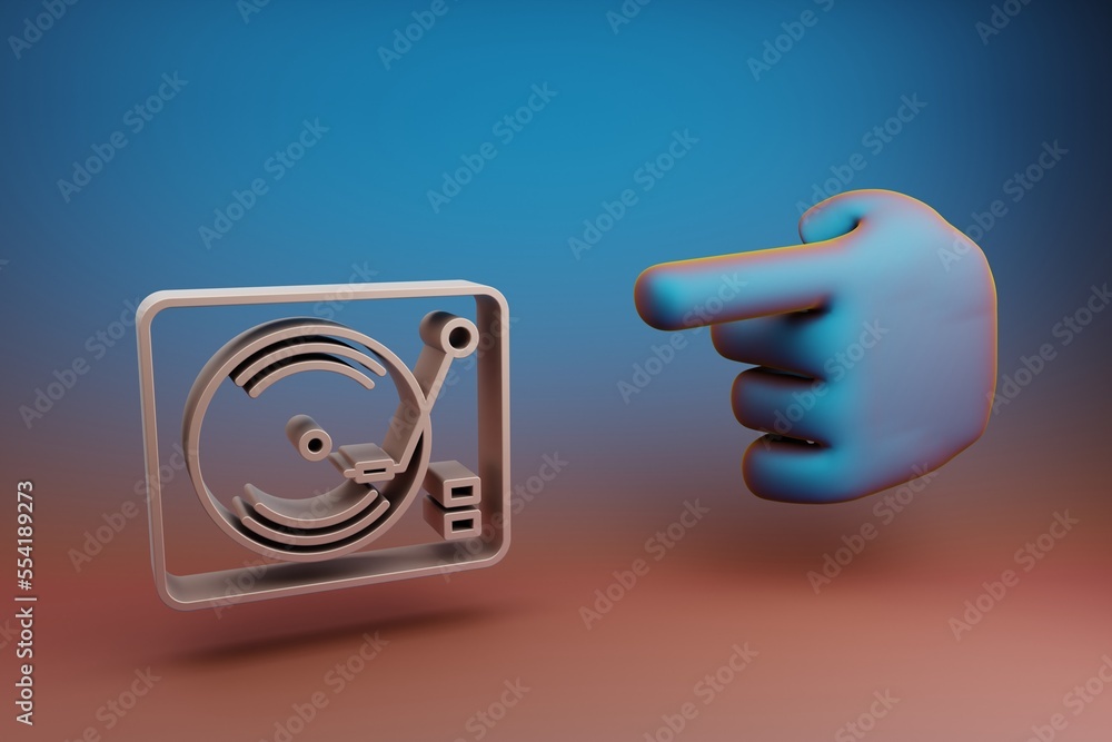 Aufkleber Beautiful illustrations abstract Hand index finger points to Retro Record Player symbol icon on a multicolor bright background. 3d rendering illustration. Background pattern for design. 