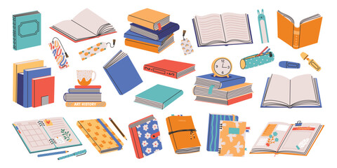 Books collection. Stack of open closed paper notebook diary textbook dictionary planners with bookmarks, cartoon literature objects. Vector colorful collection - obrazy, fototapety, plakaty