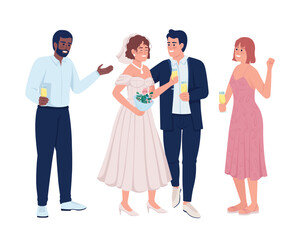 Naklejka premium Happy newlyweds with friends semi flat color vector characters. Wedding event. Editable figures. Full body people on white. Simple cartoon style illustration for web graphic design and animation
