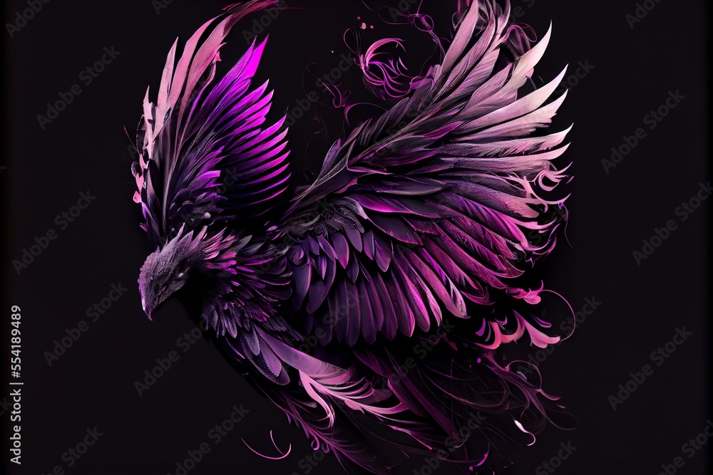 Poster a purple bird with intricate wings on a black background with swirls and swirls on it's wings. gener