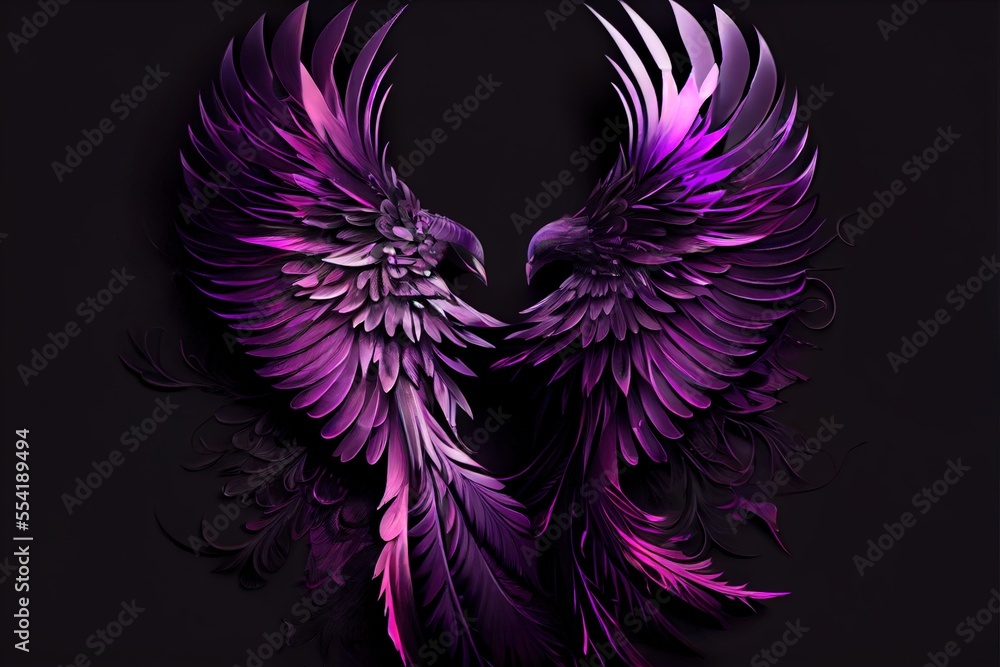 Poster a purple bird with large wings on a black background with a black background and a black background 