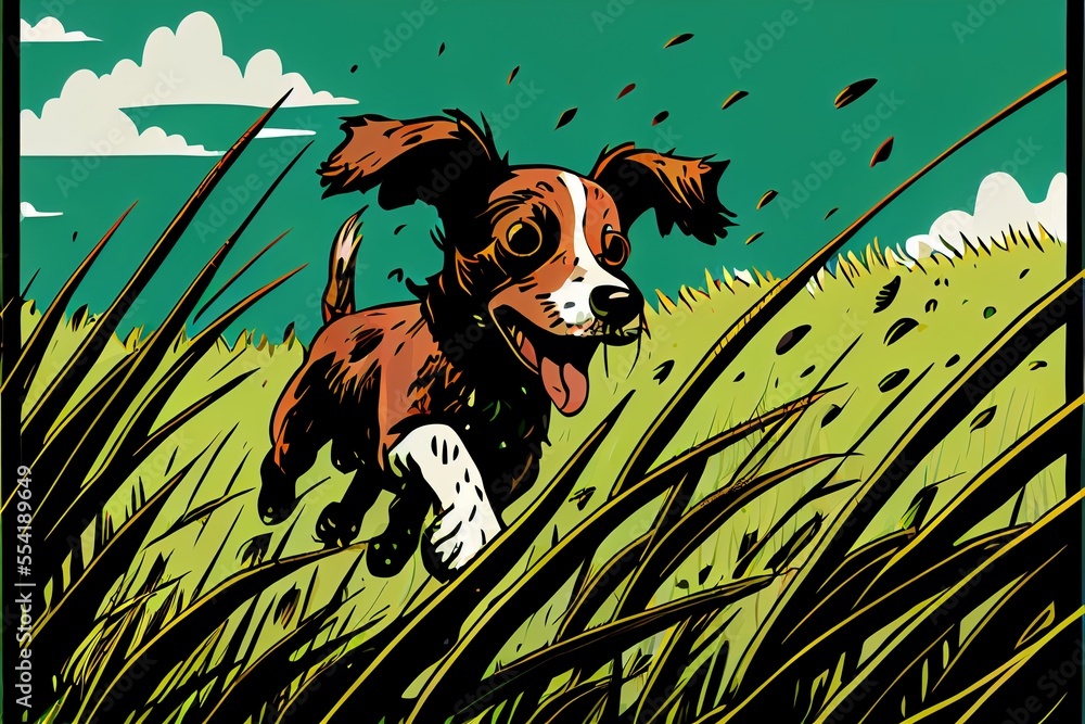 Poster 12-12-2022 riga, latvia a dog running through a field of tall grass with a sky background and clouds