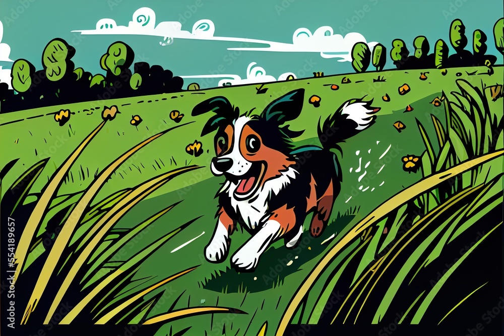 Poster 12-12-2022 riga, latvia a dog running through a field with grass and flowers in the background and a