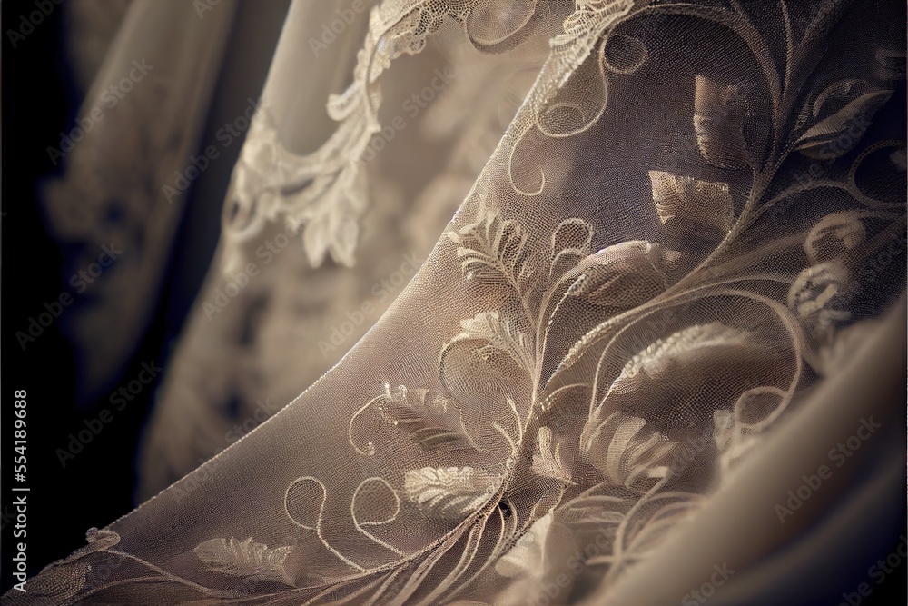 Poster 12-12-2022 riga, latvia a close up of a curtain with a flower pattern on it and a lace edge on the c