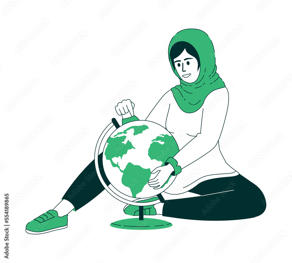 Poster lady finding location on globe flat color linear vector character. editable figure. full body person