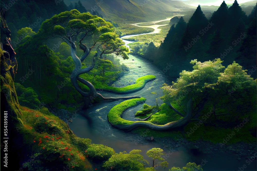 Poster a painting of a river running through a lush green forest filled with trees and bushes. generative a