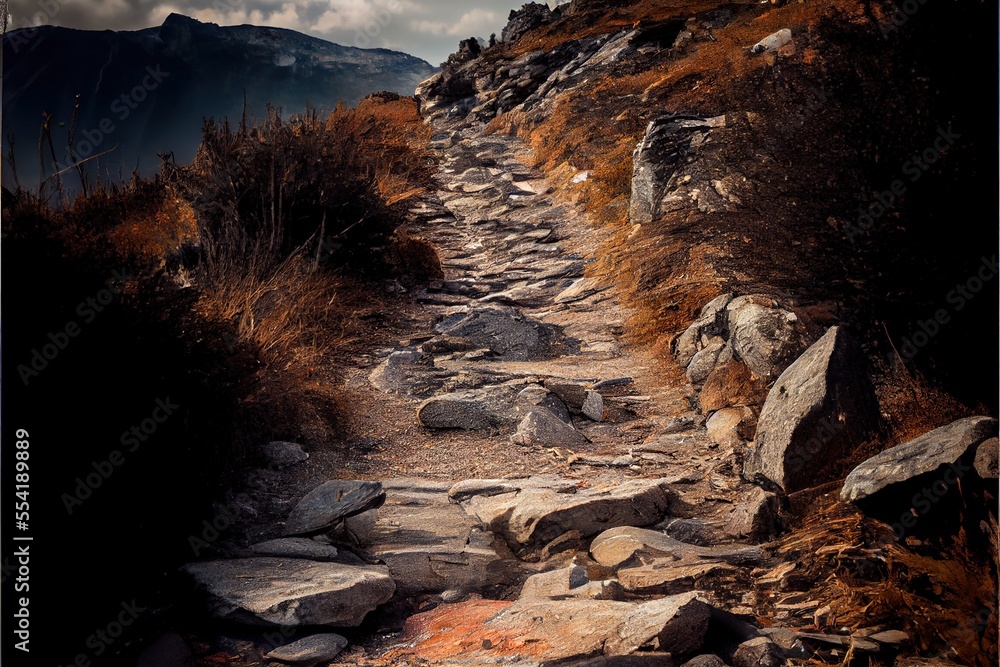 Poster 12-12-2022 riga, latvia a rocky path with a few rocks on the side of it and a mountain in the backgr