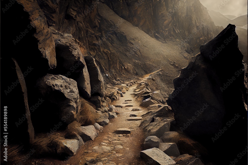 Poster 12-12-2022 riga, latvia a narrow path in a rocky mountain with rocks and boulders on either side of 