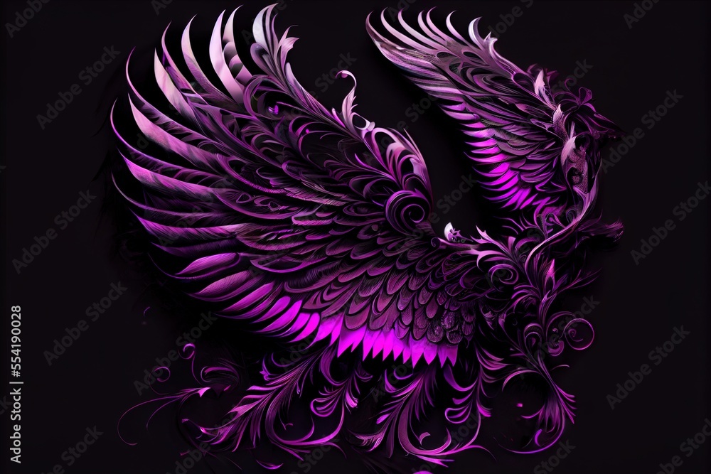Poster a purple bird with intricate wings on a black background with a black background and a white backgro