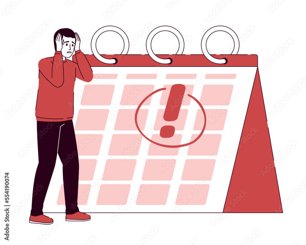 Poster man scared of deadline flat concept vector illustration. stressful event. editable 2d cartoon charac