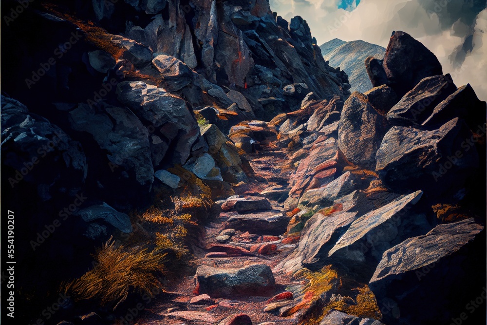 Aufkleber 12-12-2022 riga, latvia a rocky path with a few rocks on the side of it and a sky background with cl