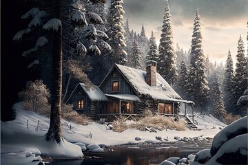  a cabin in the woods with a stream and snow covered ground and trees around it. Generative AI