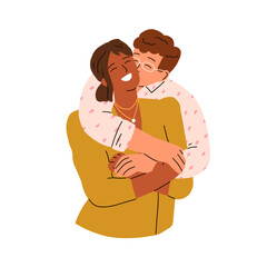 Happy love couple hugging, kissing. Romantic relationship between interracial man and woman, valentines. Family, beloved wife and husband. Flat vector illustration isolated on white background