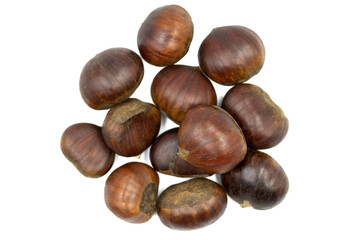 Heap of chestnuts isolated on a white background. Top view chestnutsClipping Path. Full depth of field. close up