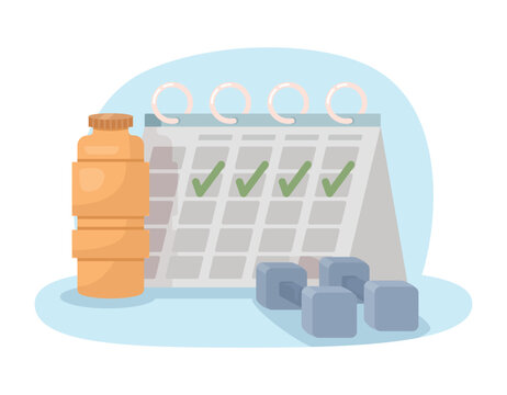 Regular exercise 2D vector isolated illustration. Physical activities. Planning sport training flat elements on cartoon background. Colorful editable scene for mobile, website, presentation