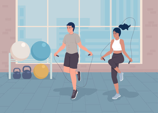 Doing jumping rope workout flat color vector illustration. Cardio exercise. Training man and woman. Sport activities. Fully editable 2D simple cartoon characters with gym on background