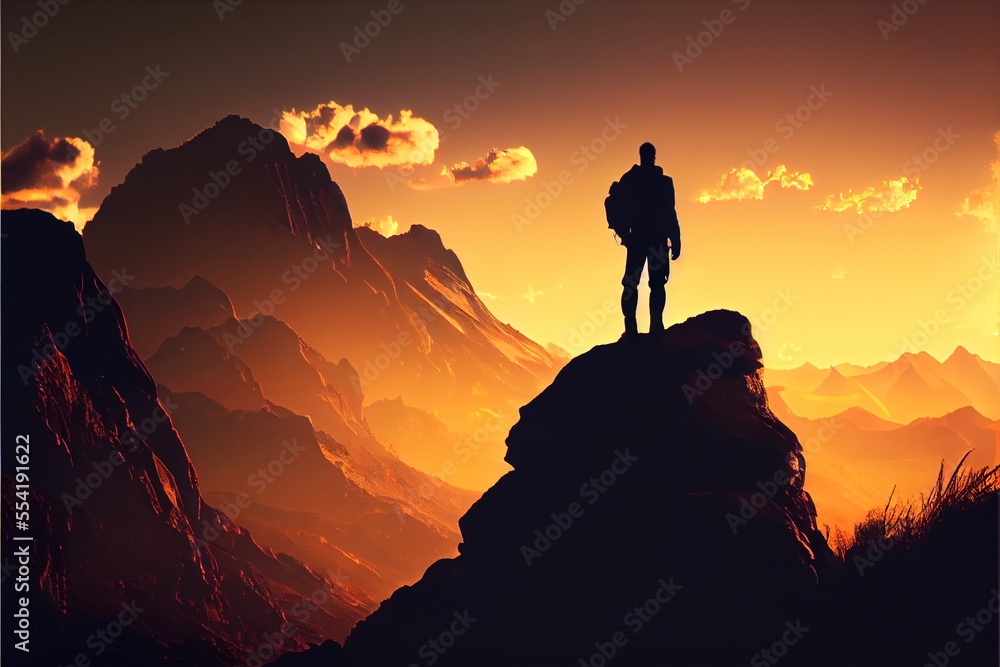Poster 12-12-2022 riga, latvia a man standing on top of a mountain at sunset with a view of mountains and c