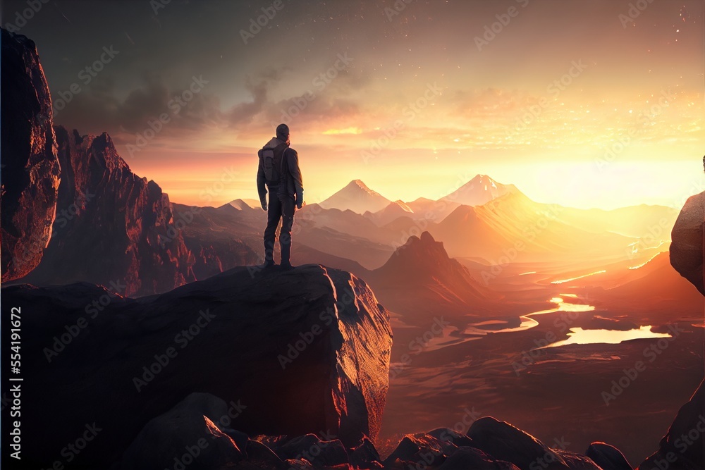 Poster 12-12-2022 riga, latvia a man standing on a cliff looking at the sunset over a mountain range with a