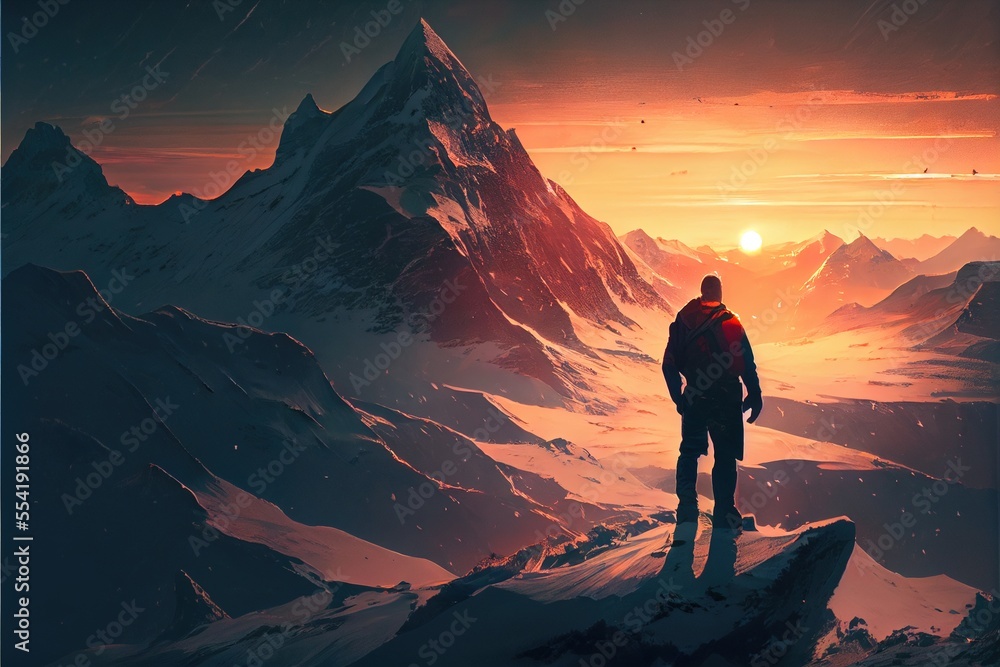 Poster 12-12-2022 riga, latvia a man standing on top of a mountain looking at the sun setting over a mounta