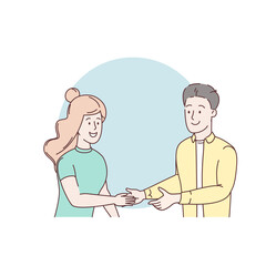 Shaking man and woman hands. Handshake of business people partners businessmen and businesswomen. Success deal, partnership, greeting shake, casual handshaking agreement concept. Vector illustration