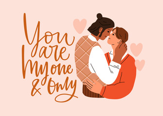Love card for Valentine day. Romantic postcard with young happy hugging couple, quote, phrase for 14 February holiday. Interracial biracial pair in relationship. Flat vector illustration