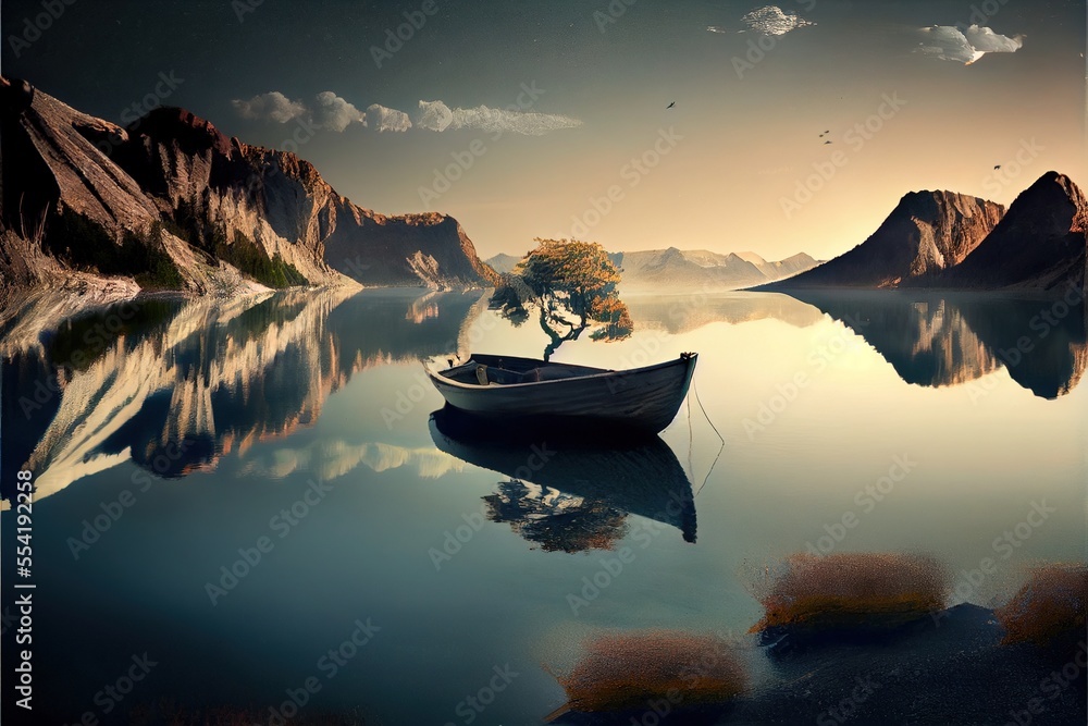 Poster a lone boat floating on a lake with a tree in the middle of it and mountains in the background. gene