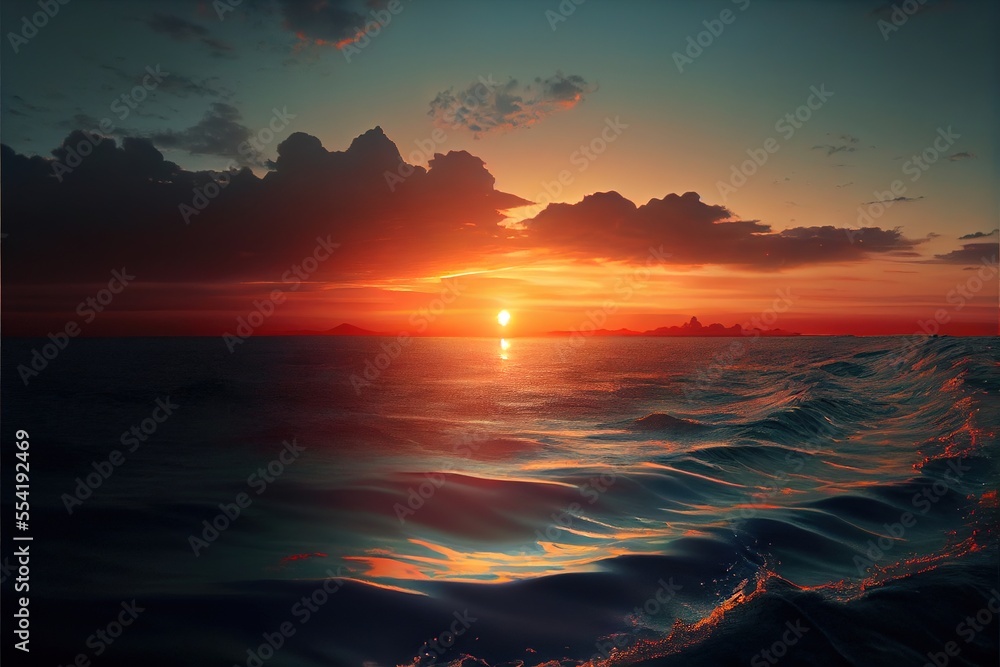 Poster 12-12-2022 riga, latvia a sunset over the ocean with a wave in the foreground and a small island in 