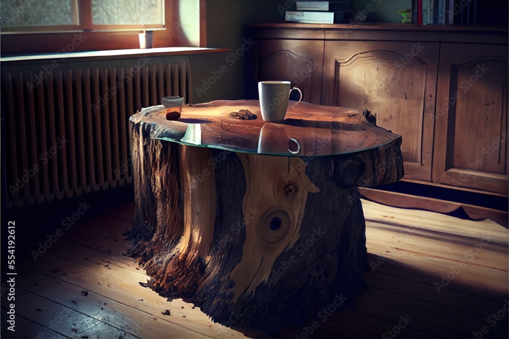 Aufkleber a table made of a tree stump with a cup of coffee on top of it in a room with a radiator. generative